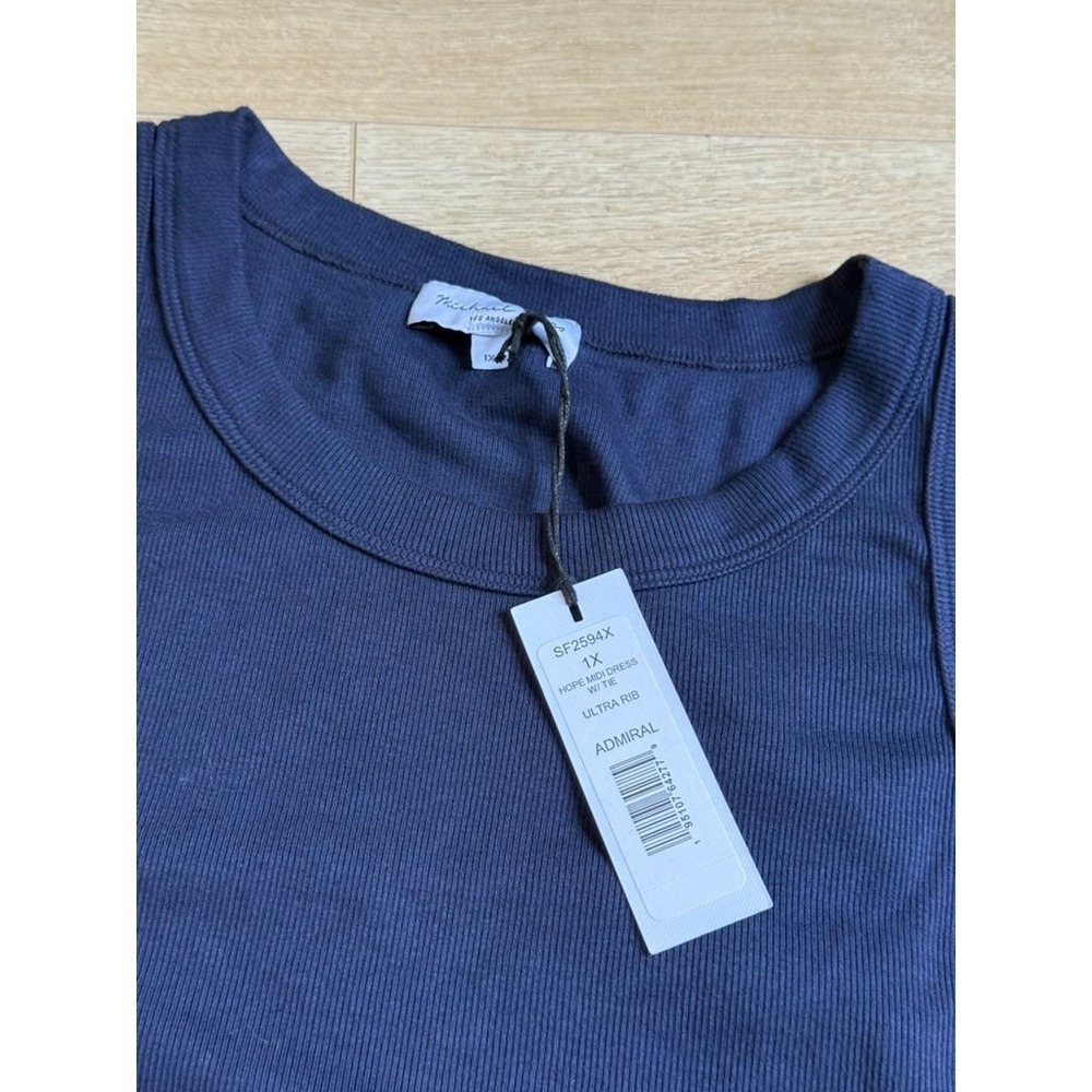 NWT Michael Stars Hope Midi Dress with tie ultra rib Admiral blue high neck 1X - Picture 4 of 10